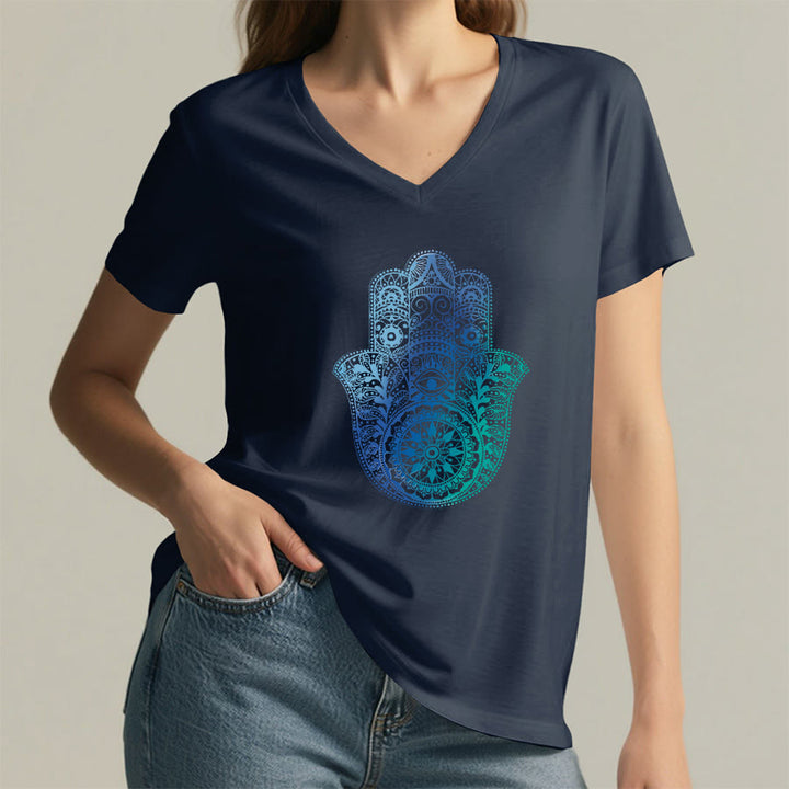 T-shirt da yoga con scollo a V e stampa sfumata della mano di Hamsa e mandala Olivenorma - image 20