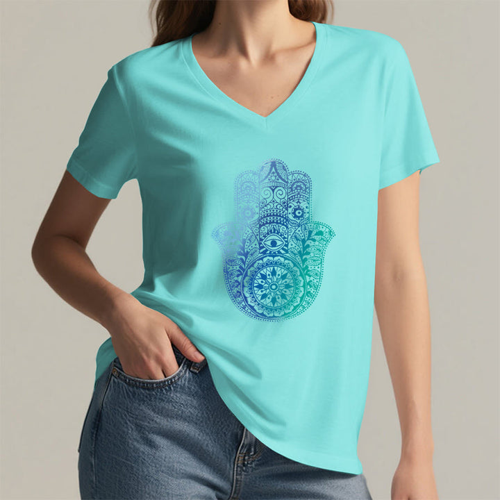 T-shirt da yoga con scollo a V e stampa sfumata della mano di Hamsa e mandala Olivenorma - image 11