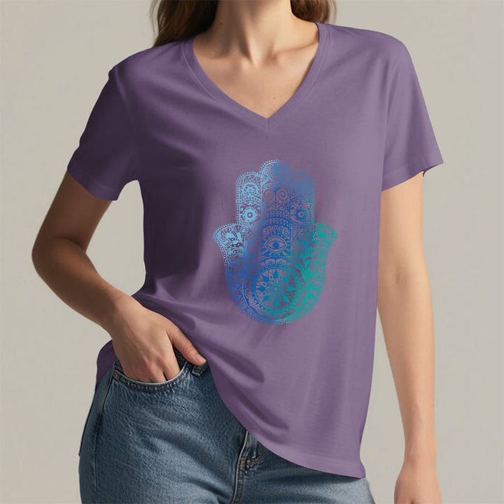 T-shirt da yoga con scollo a V e stampa sfumata della mano di Hamsa e mandala Olivenorma - image 38