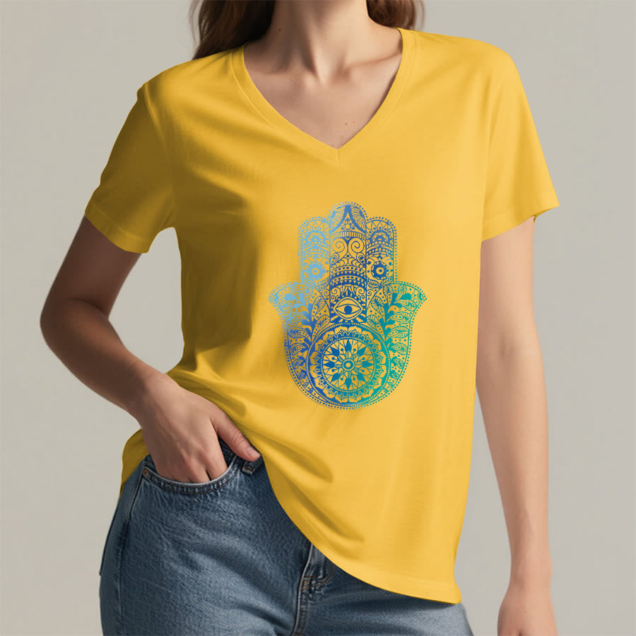 T-shirt da yoga con scollo a V e stampa sfumata della mano di Hamsa e mandala Olivenorma - image 32
