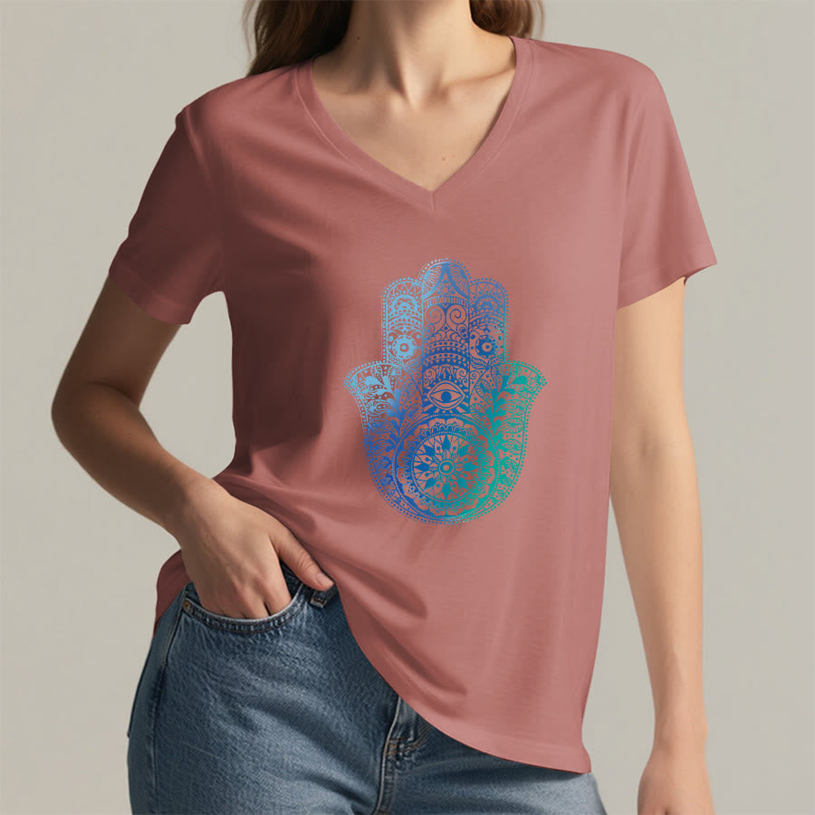 T-shirt da yoga con scollo a V e stampa sfumata della mano di Hamsa e mandala Olivenorma - image 8