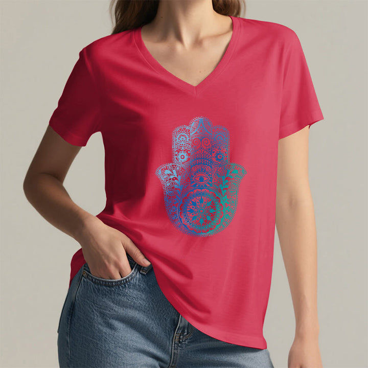 T-shirt da yoga con scollo a V e stampa sfumata della mano di Hamsa e mandala Olivenorma - image 29
