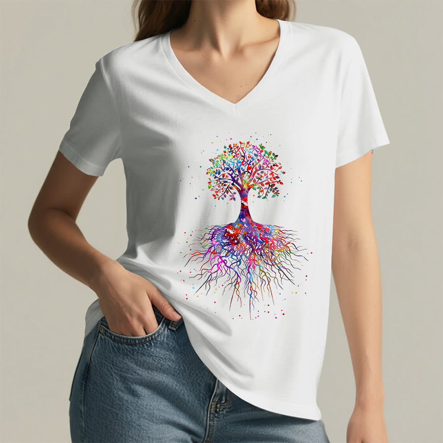 Maglietta da yoga con scollo a V Olivenorma con stampa "Albero della vita ad acquerello con radici". - image 1