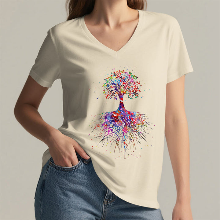 Maglietta da yoga con scollo a V Olivenorma con stampa "Albero della vita ad acquerello con radici". - image 4