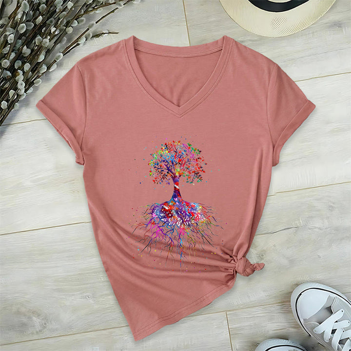 Maglietta da yoga con scollo a V Olivenorma con stampa "Albero della vita ad acquerello con radici". - Rosa - 2XL - image 6
