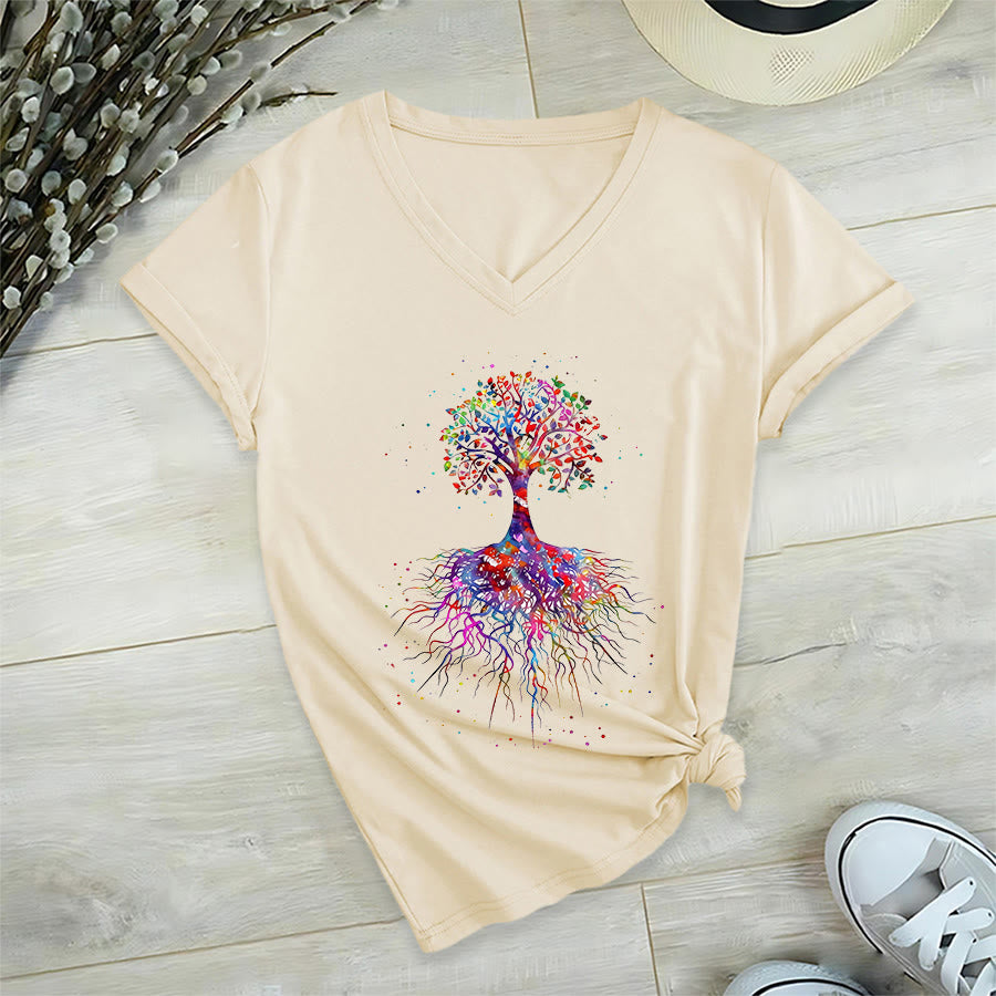 Maglietta da yoga con scollo a V Olivenorma con stampa "Albero della vita ad acquerello con radici". - Cachi - 2XL - image 3