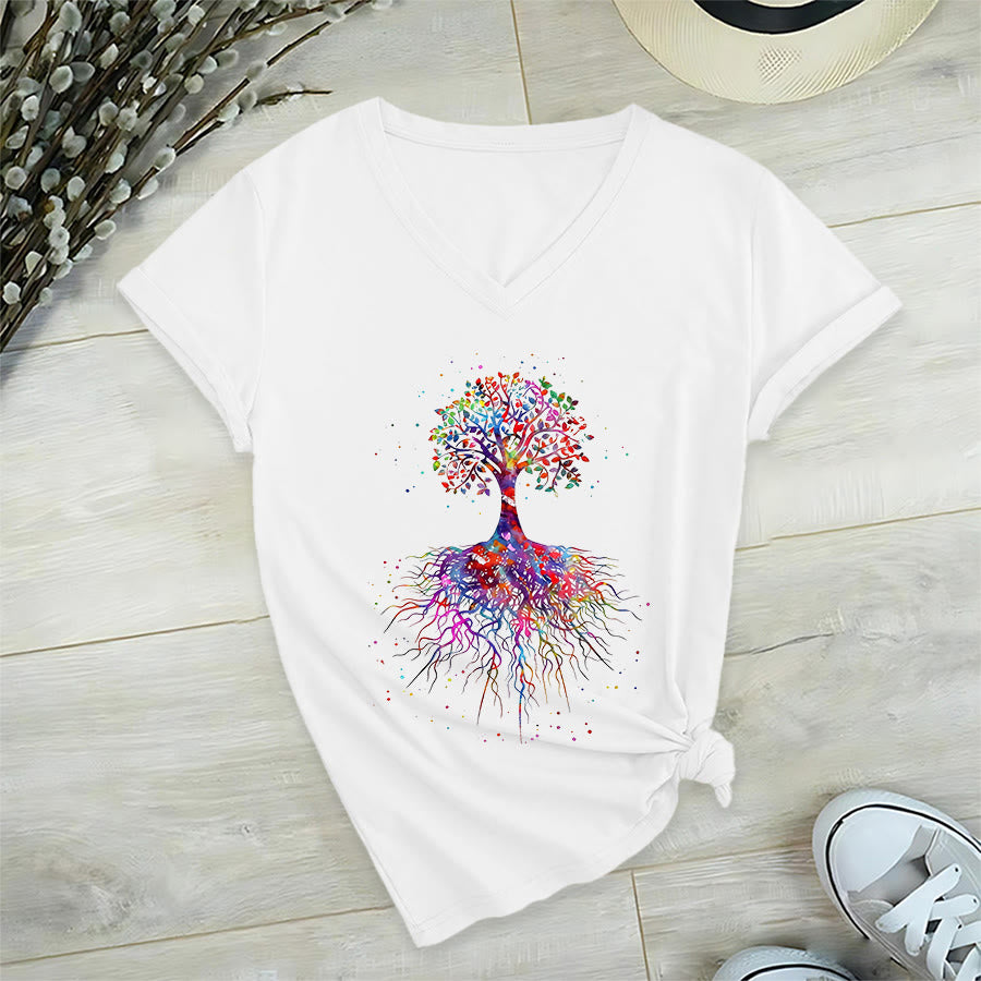 Maglietta da yoga con scollo a V Olivenorma con stampa "Albero della vita ad acquerello con radici". - Bianco - 2XL - image 0