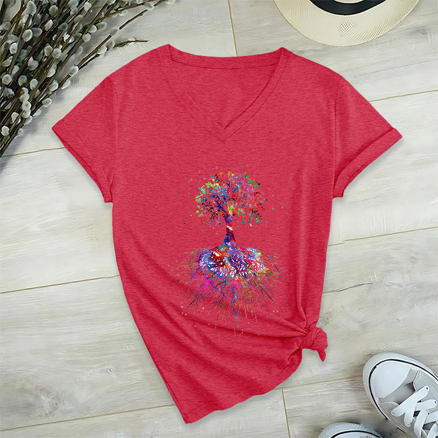 Maglietta da yoga con scollo a V Olivenorma con stampa "Albero della vita ad acquerello con radici". - Rosso - 2XL - image 27