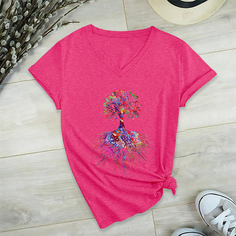 Maglietta da yoga con scollo a V Olivenorma con stampa "Albero della vita ad acquerello con radici". - Rosso rosa - 2XL - image 33
