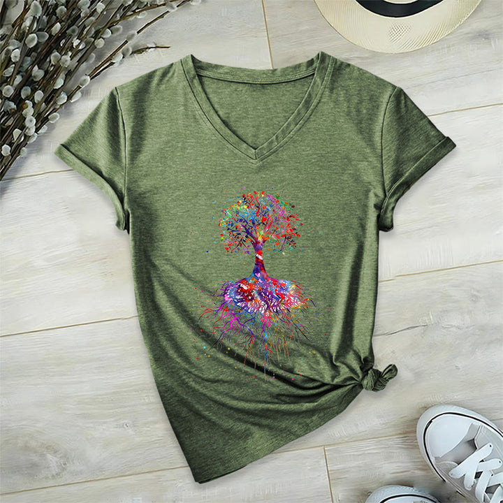 Maglietta da yoga con scollo a V Olivenorma con stampa "Albero della vita ad acquerello con radici". - Verde oliva - 2XL - image 24