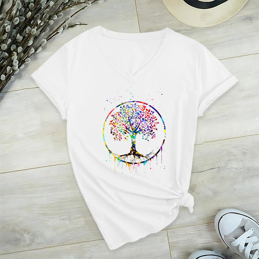 T-shirt Olivenorma con grafica circolare dell'Albero della Vita e scollo a V. - Bianco - 2XL - image 15