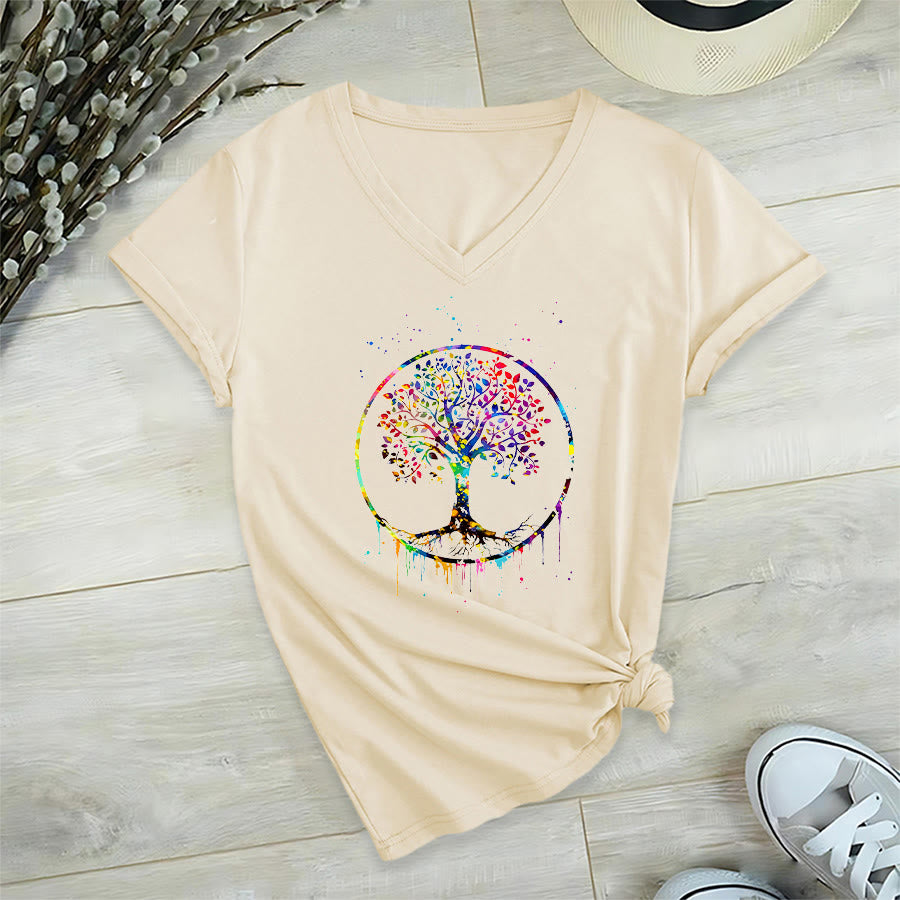 T-shirt Olivenorma con grafica circolare dell'Albero della Vita e scollo a V. - Cachi - 2XL - image 3