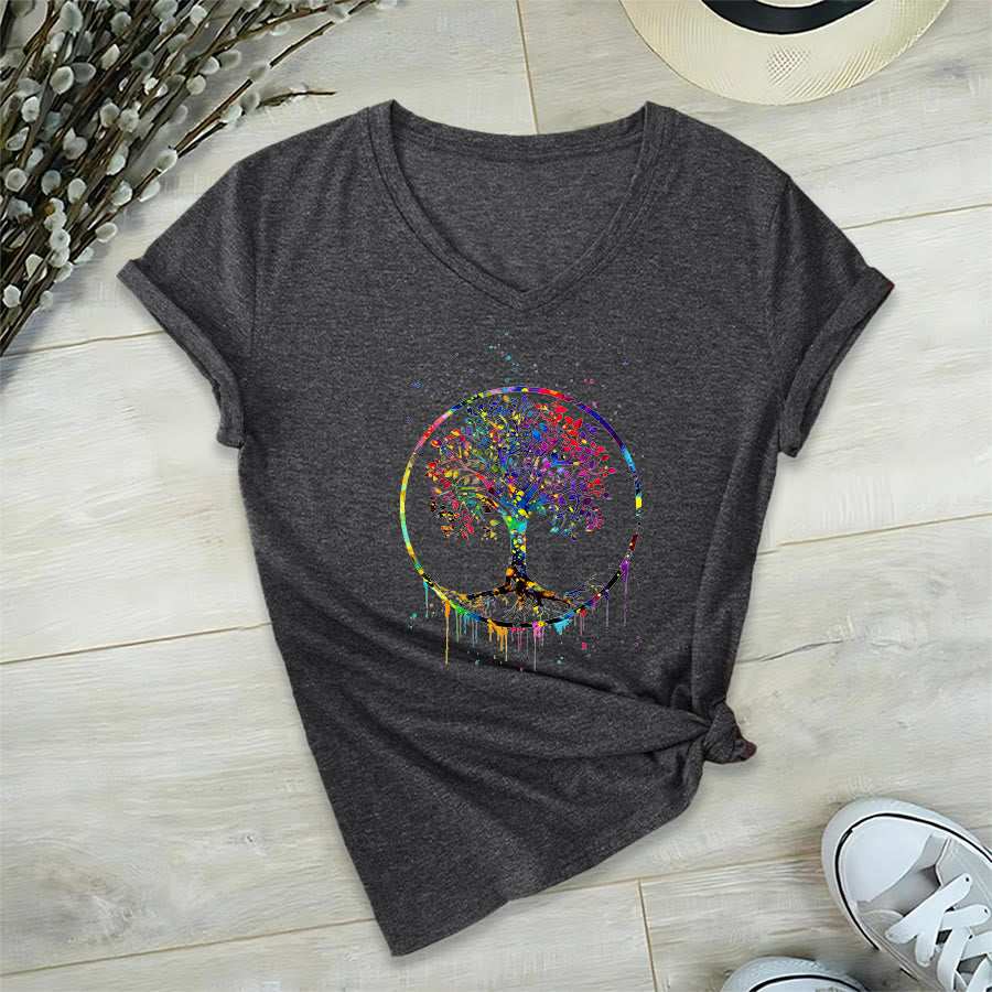 T-shirt Olivenorma con grafica circolare dell'Albero della Vita e scollo a V. - Grigio - 2XL - image 12