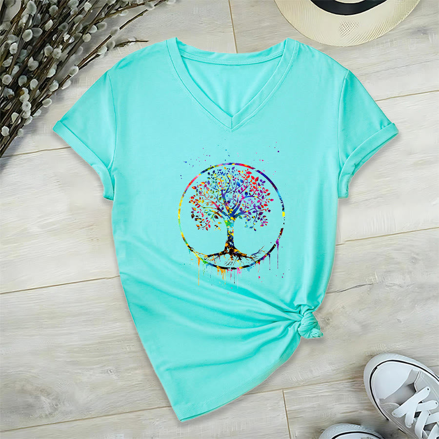 T-shirt Olivenorma con grafica circolare dell'Albero della Vita e scollo a V. - Lago Blu - 2XL - image 0