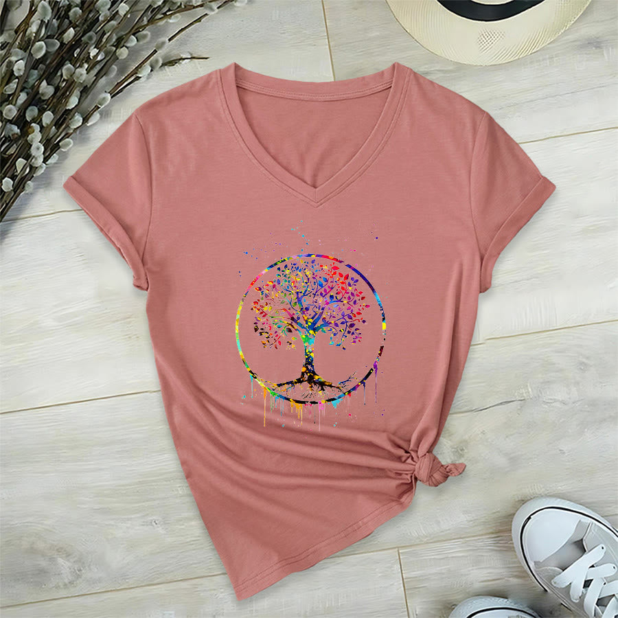 T-shirt Olivenorma con grafica circolare dell'Albero della Vita e scollo a V. - Rosa - 2XL - image 6