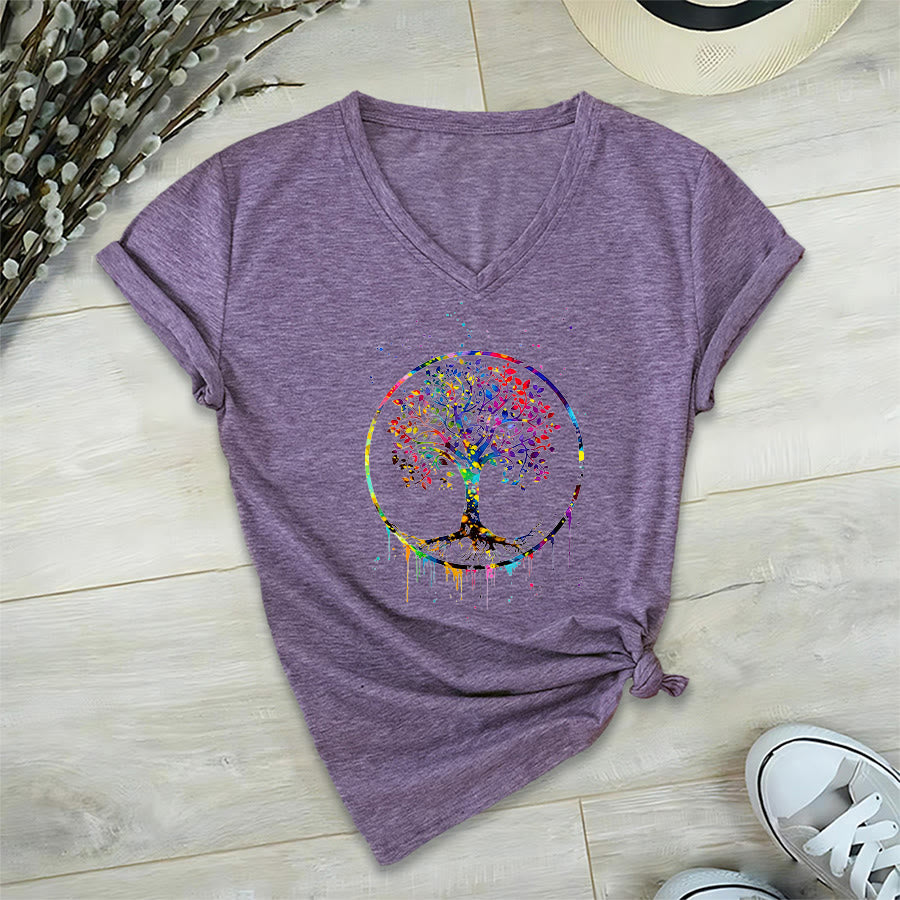 T-shirt Olivenorma con grafica circolare dell'Albero della Vita e scollo a V. - Viola - 2XL - image 36