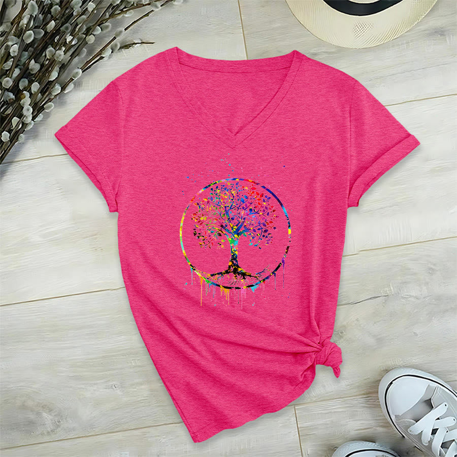 T-shirt Olivenorma con grafica circolare dell'Albero della Vita e scollo a V. - Rosso rosa - 2XL - image 33