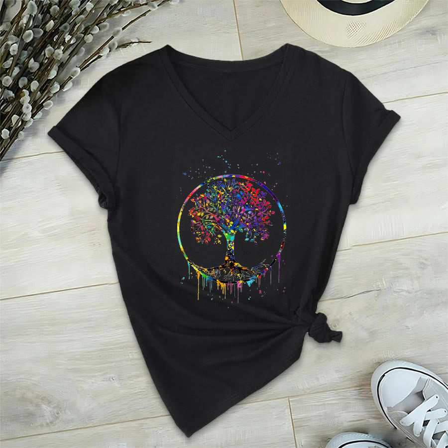 T-shirt Olivenorma con grafica circolare dell'Albero della Vita e scollo a V. - Nero - 2XL - image 9