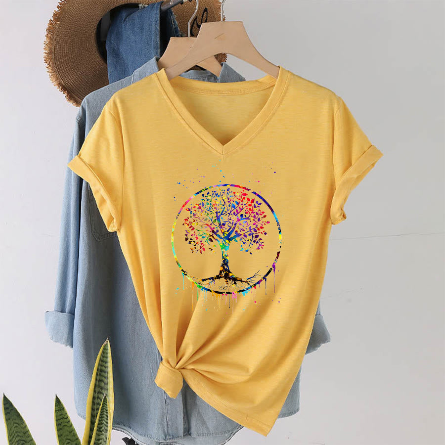 T-shirt Olivenorma con grafica circolare dell'Albero della Vita e scollo a V. - image 31