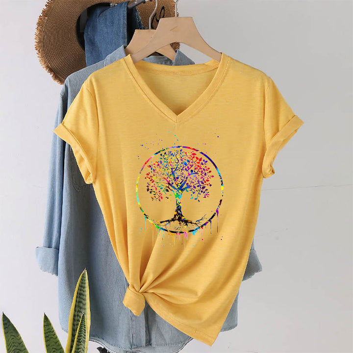 T-shirt Olivenorma con grafica circolare dell'Albero della Vita e scollo a V. - image 31