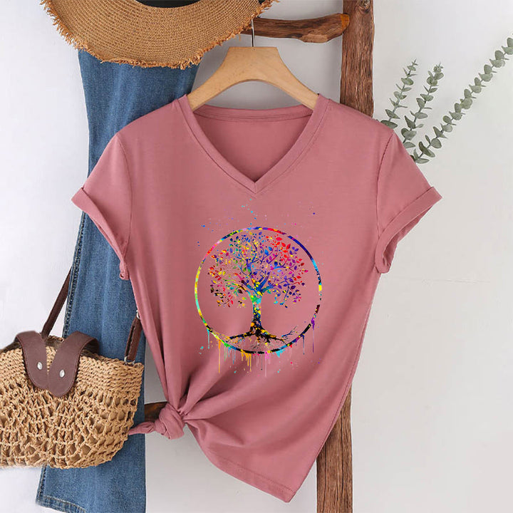 T-shirt Olivenorma con grafica circolare dell'Albero della Vita e scollo a V. - image 7