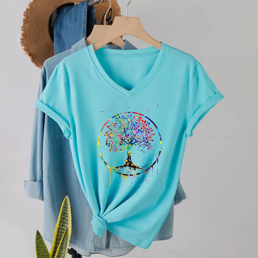 T-shirt Olivenorma con grafica circolare dell'Albero della Vita e scollo a V. - image 1