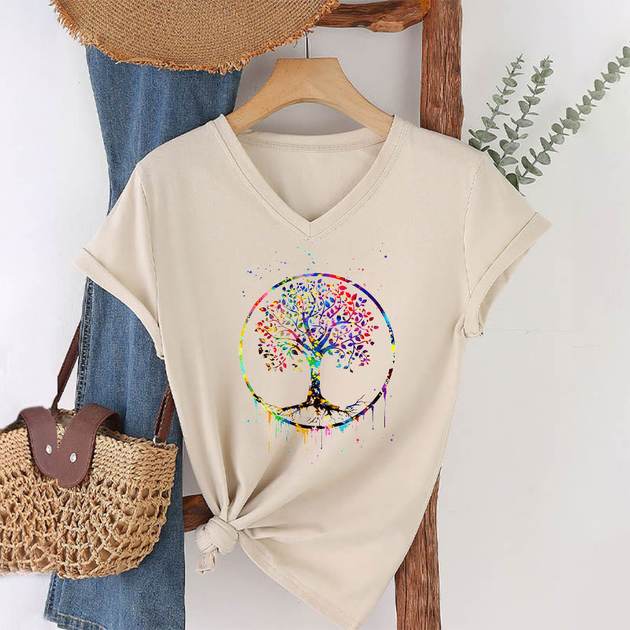 T-shirt Olivenorma con grafica circolare dell'Albero della Vita e scollo a V. - image 4