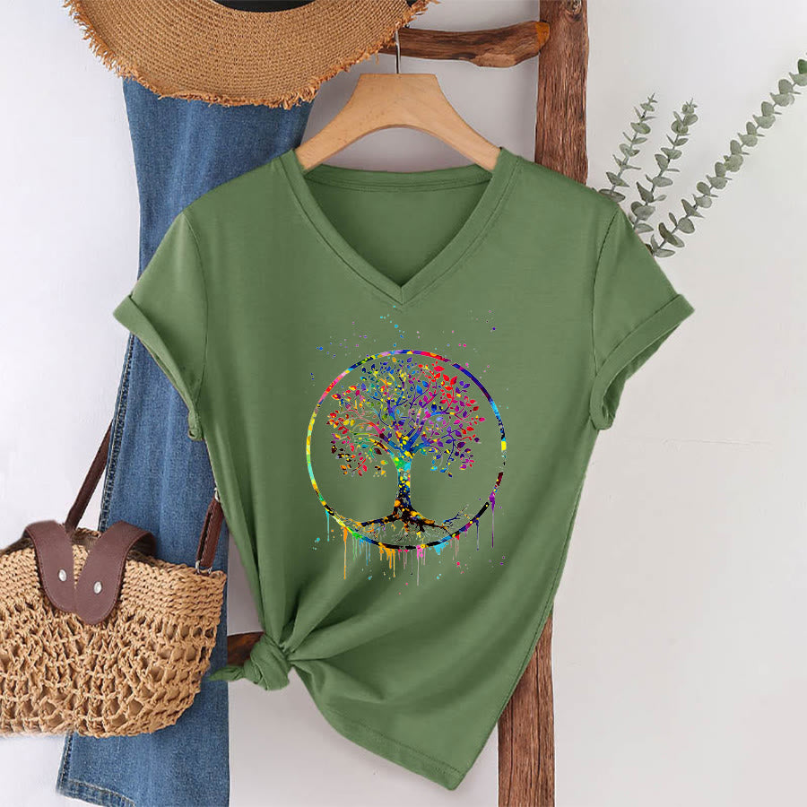 T-shirt Olivenorma con grafica circolare dell'Albero della Vita e scollo a V. - image 25