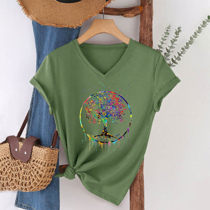 T-shirt Olivenorma con grafica circolare dell'Albero della Vita e scollo a V. - image 25