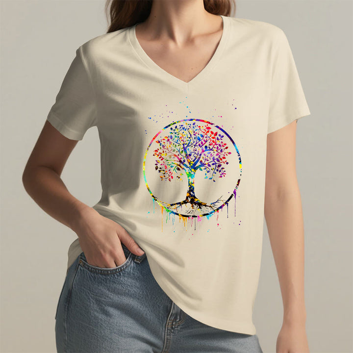 T-shirt Olivenorma con grafica circolare dell'Albero della Vita e scollo a V. - image 5