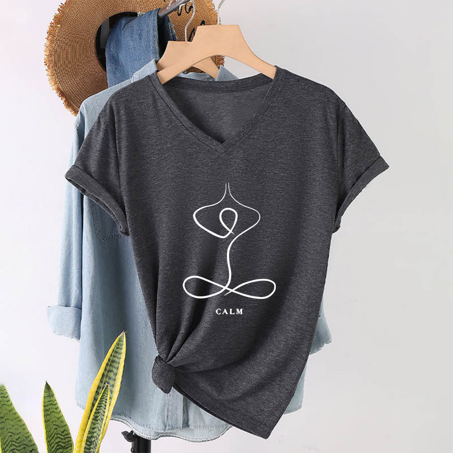 T-shirt Olivenorma con scollo a V e stampa minimalista "Pose Yoga Calma e Respiro". - CALMA - Grigio - 2XL - image 30