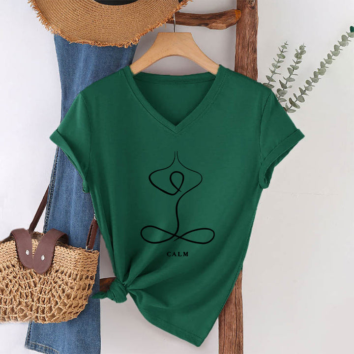 T-shirt Olivenorma con scollo a V e stampa minimalista "Pose Yoga Calma e Respiro". - CALMA - Verde scuro - 2XL - image 42