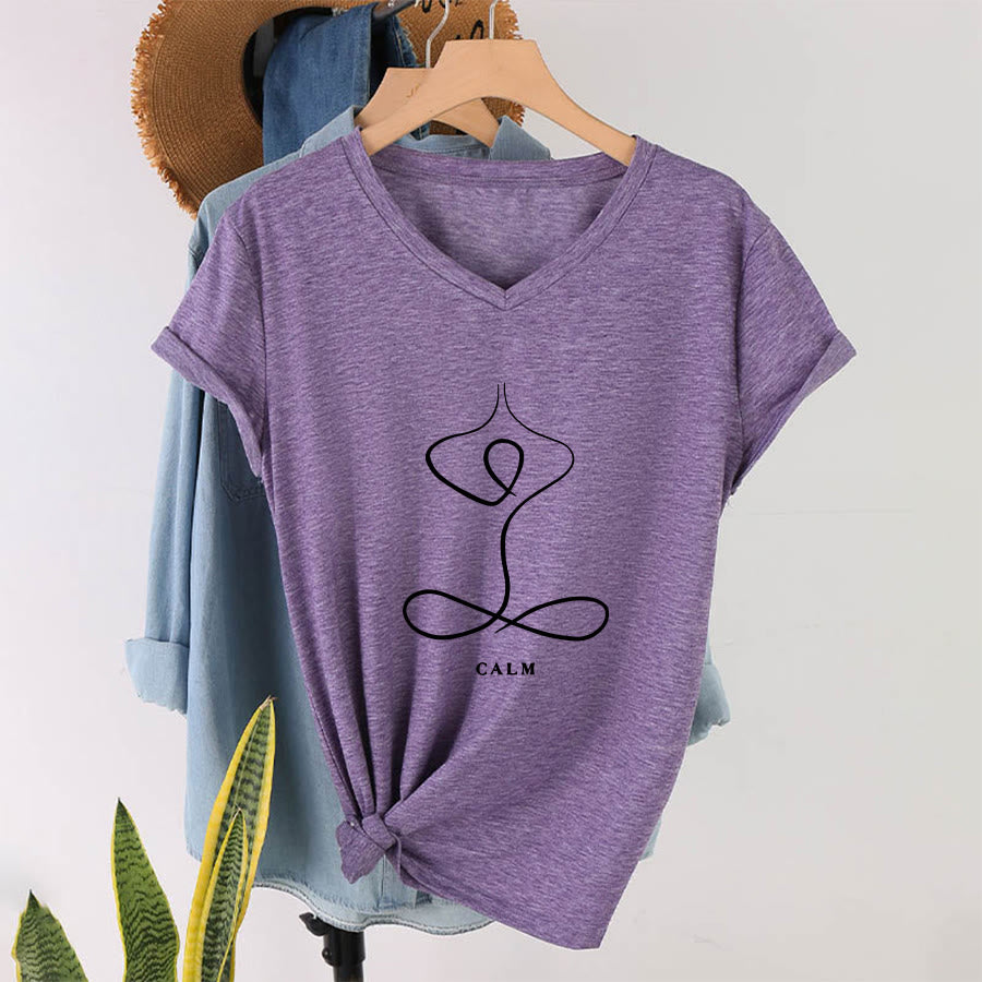 T-shirt Olivenorma con scollo a V e stampa minimalista "Pose Yoga Calma e Respiro". - CALMA - Viola - 2XL - image 72
