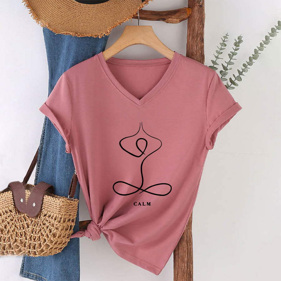 T-shirt Olivenorma con scollo a V e stampa minimalista "Pose Yoga Calma e Respiro". - CALMA - Rosa - 2XL - image 12