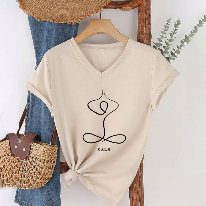 T-shirt Olivenorma con scollo a V e stampa minimalista "Pose Yoga Calma e Respiro". - CALMA - Cachi - 2XL - image 6
