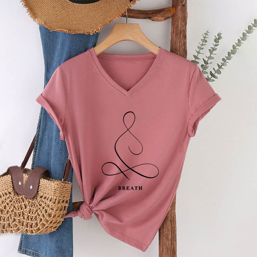 T-shirt Olivenorma con scollo a V e stampa minimalista "Pose Yoga Calma e Respiro". - RESPIRO - Rosa - 2XL - image 15