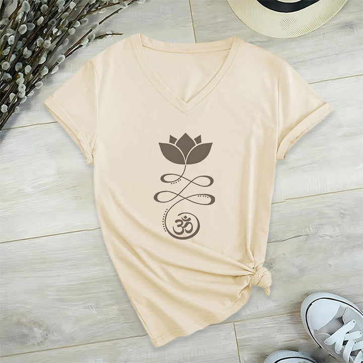 Olivenorma Lotus con simbolo Om e stampa Unalome, t-shirt yoga con scollo a V. - Cachi - 2XL - image 3