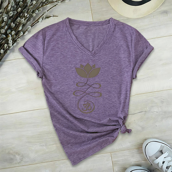 Olivenorma Lotus con simbolo Om e stampa Unalome, t-shirt yoga con scollo a V. - Viola - 2XL - image 36