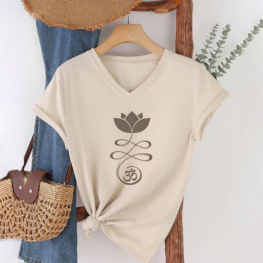 Olivenorma Lotus con simbolo Om e stampa Unalome, t-shirt yoga con scollo a V. - image 4
