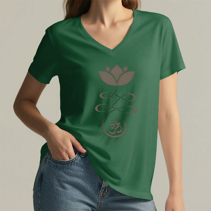Olivenorma Lotus con simbolo Om e stampa Unalome, t-shirt yoga con scollo a V. - image 2