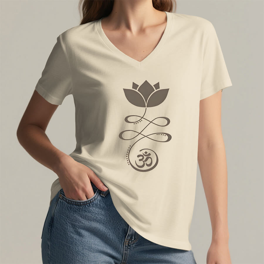 Olivenorma Lotus con simbolo Om e stampa Unalome, t-shirt yoga con scollo a V. - image 5
