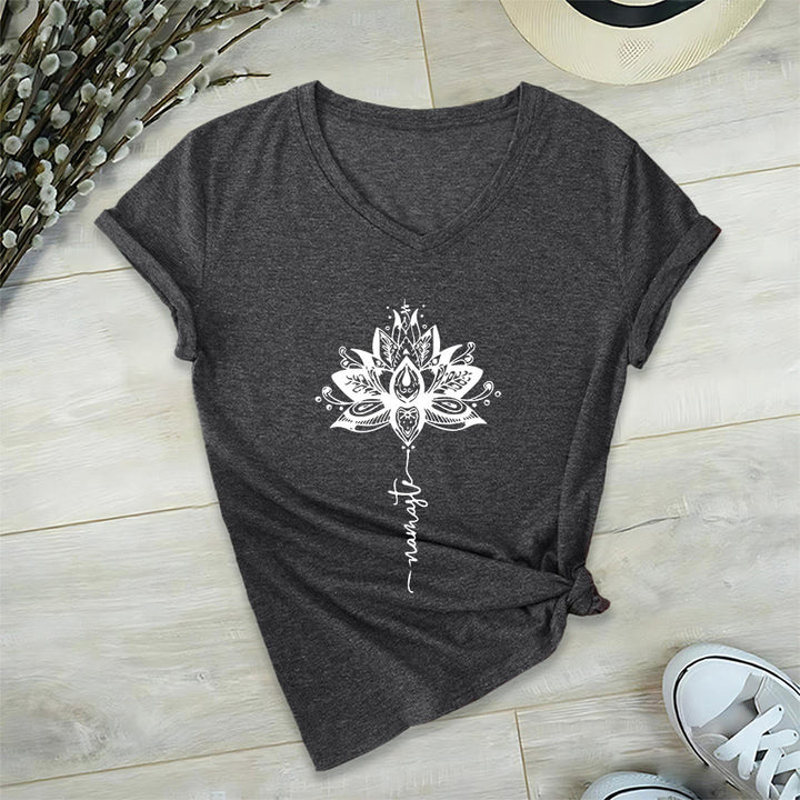 T-shirt Olivenorma con intricato mandala di loto e disegno Namaste, scollo a V. - Grigio - 2XL - image 0