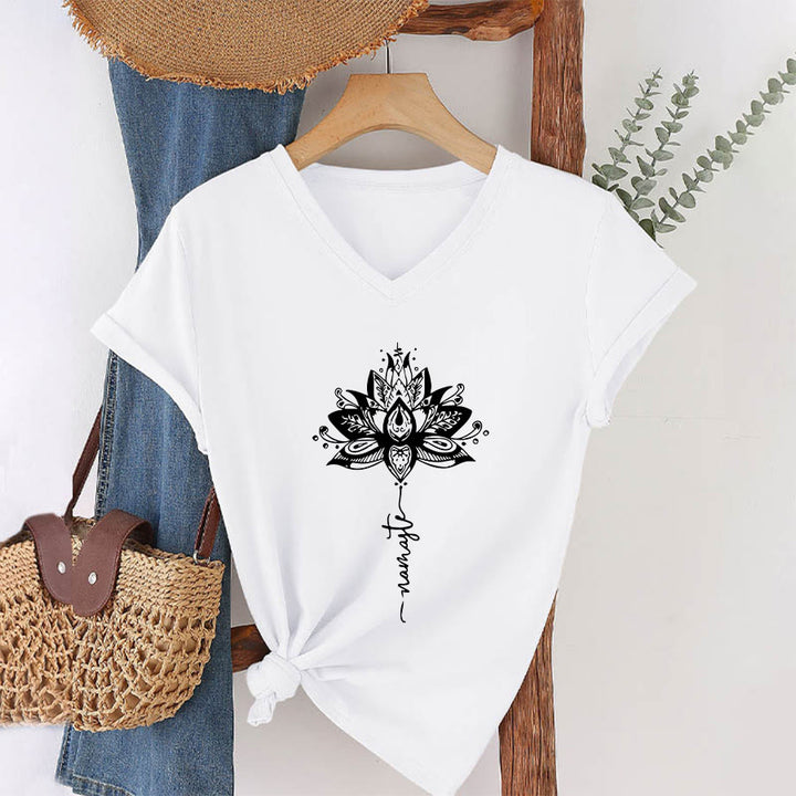 T-shirt Olivenorma con intricato mandala di loto e disegno Namaste, scollo a V. - image 16