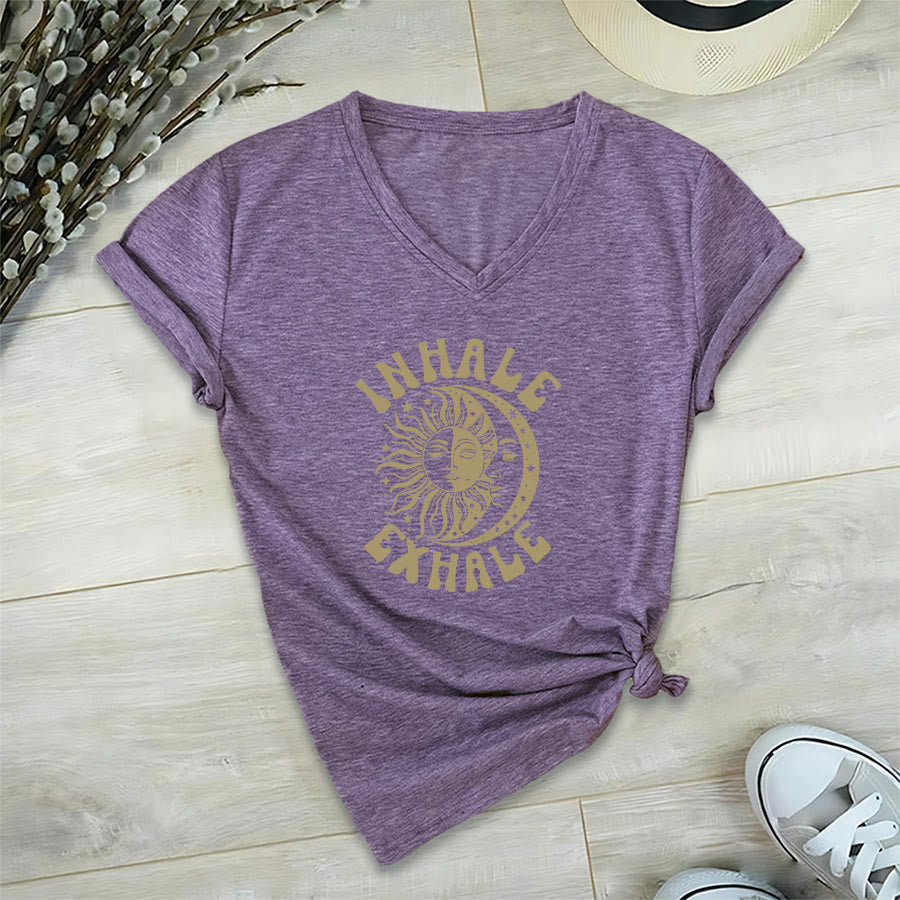 T-shirt Olivenorma Boho Sun Moon con grafica "Inhale Exhale" e scollo a V. - Viola - 2XL - image 36