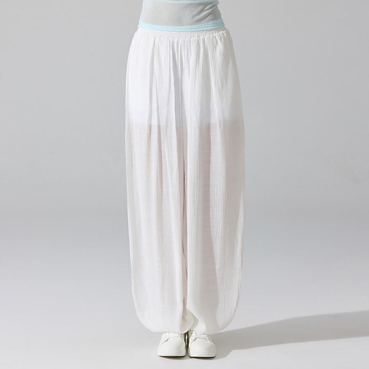 Pantaloni da yoga da donna Olivenorma a vita alta con elastico in vita e texture stropicciata, modello harem ampio. - Bianco - L - image 6