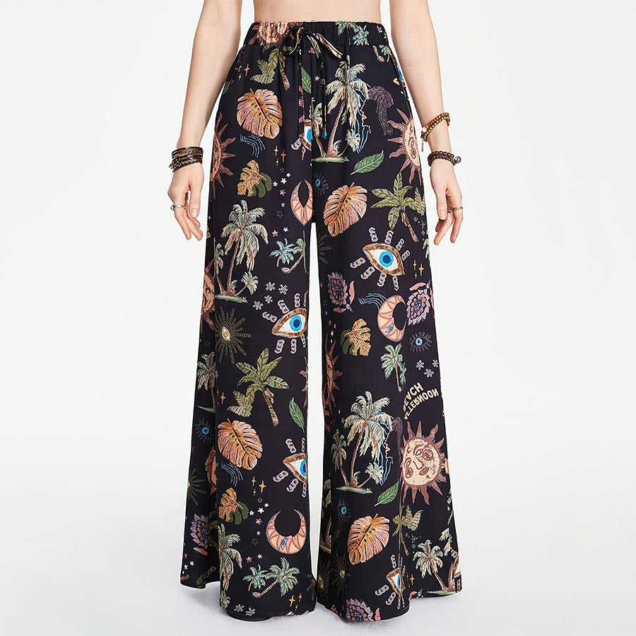 Pantaloni da donna Olivenorma Boho Sun Evil Eye Palm Tree Print con coulisse e gamba larga - Nero - XXXL - image 3