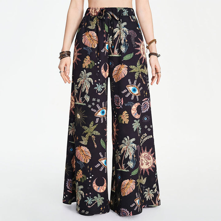 Pantaloni da donna Olivenorma Boho Sun Evil Eye Palm Tree Print con coulisse e gamba larga - Nero - XXXL - image 3