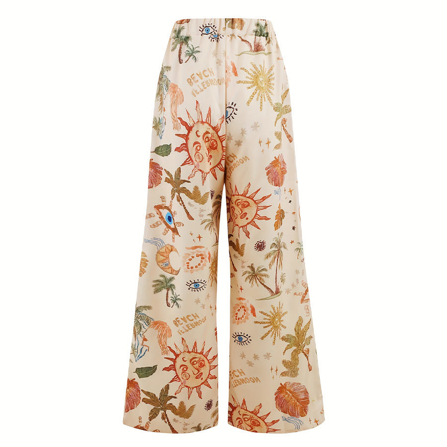 Pantaloni da donna Olivenorma Boho Sun Evil Eye Palm Tree Print con coulisse e gamba larga - image 1
