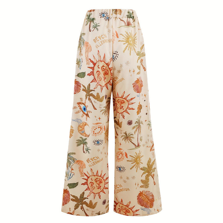 Pantaloni da donna Olivenorma Boho Sun Evil Eye Palm Tree Print con coulisse e gamba larga - image 1