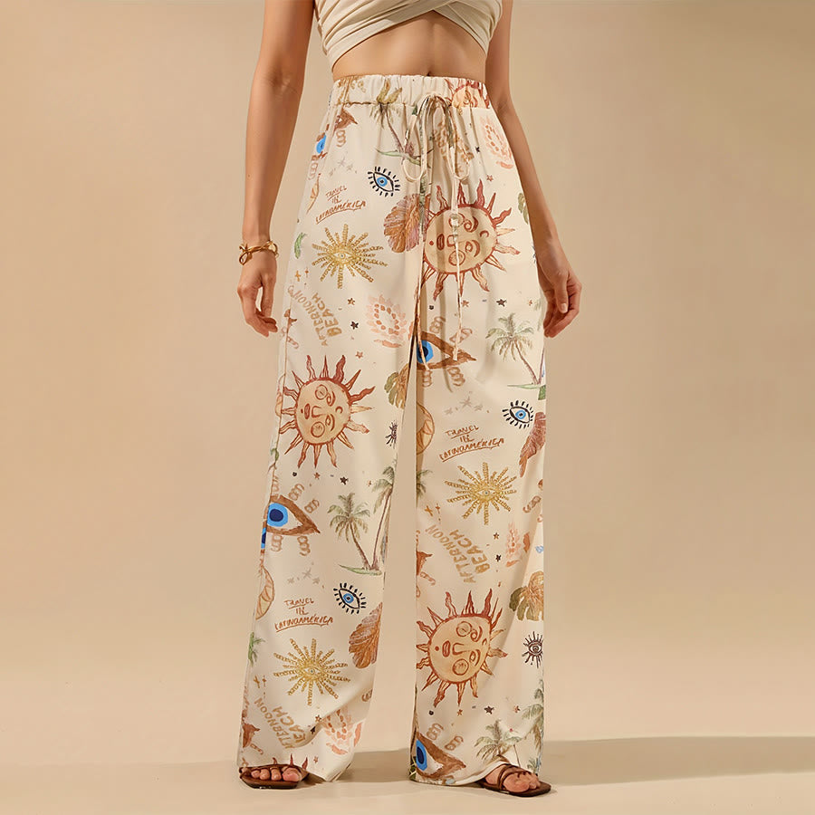 Pantaloni da donna Olivenorma Boho Sun Evil Eye Palm Tree Print con coulisse e gamba larga - Beige - XXXL - image 0